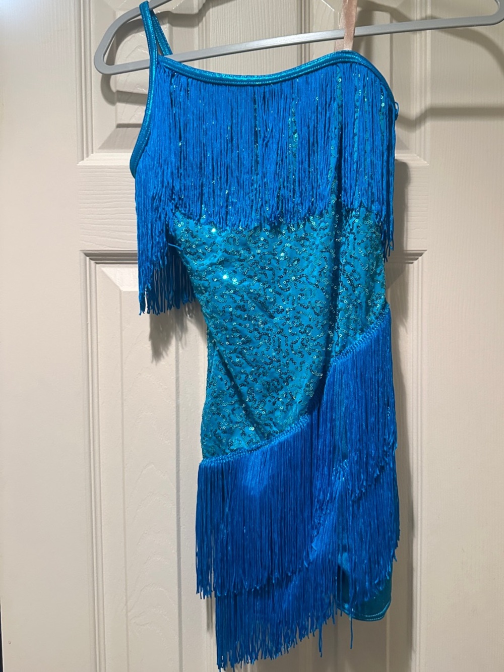 Blue Fringe Sequin One-Shoulder Dress